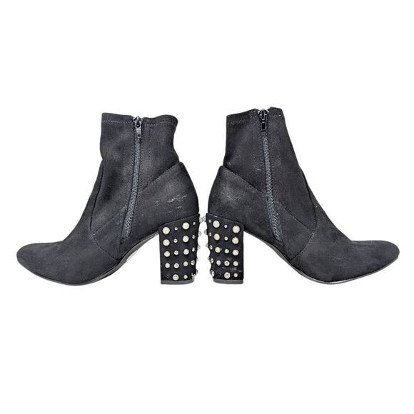 Steve Madden Yvette 7.5M Pearl Stud Block Heel Booties Sock Boots Black Suede - Picture 4 of 12